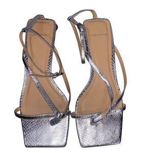 Carrano Silver Snake-Embossed Strappy Square Toe Heels Adjustable Ankle Straps